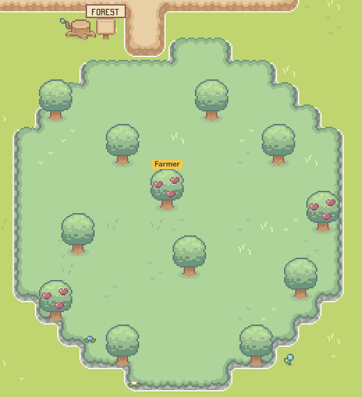 The forest on darker grass, with Bruno's camp